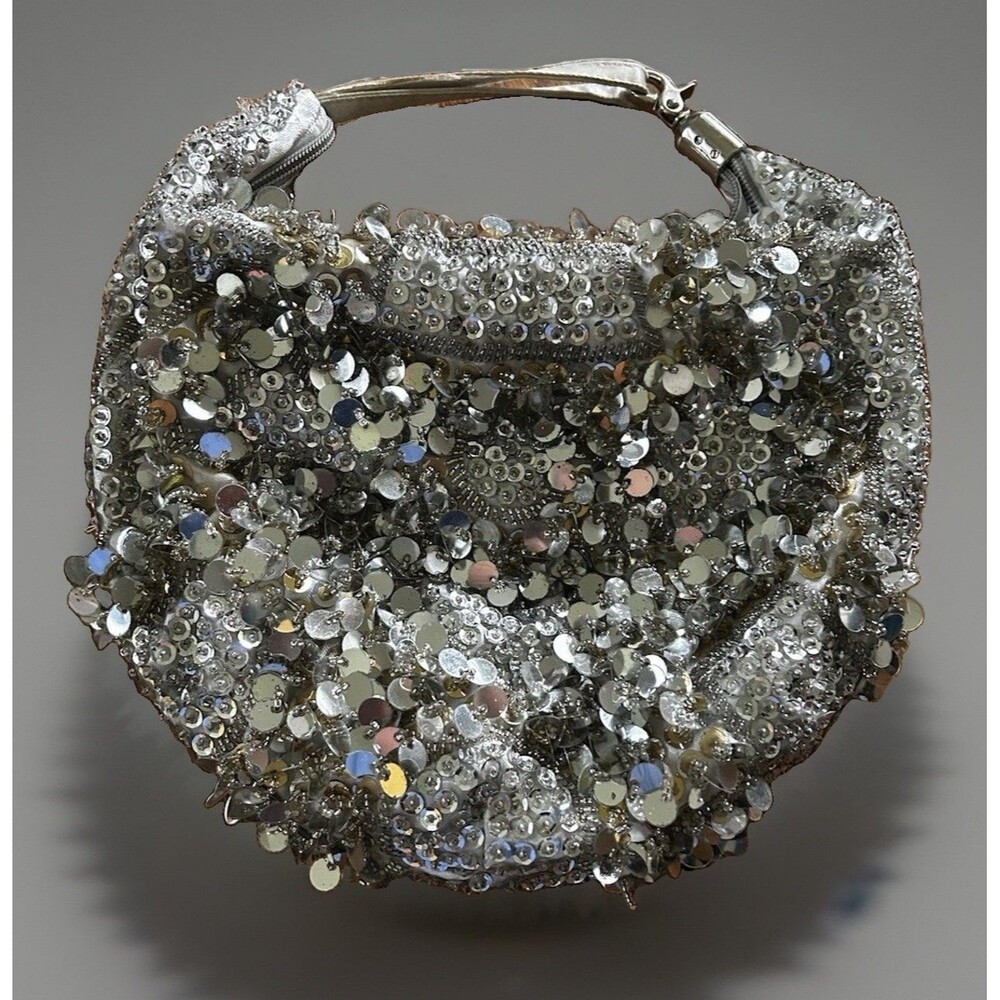 Silver Sequin Beaded Embellished Evening Shoulder Bag Purse Y2K Glam